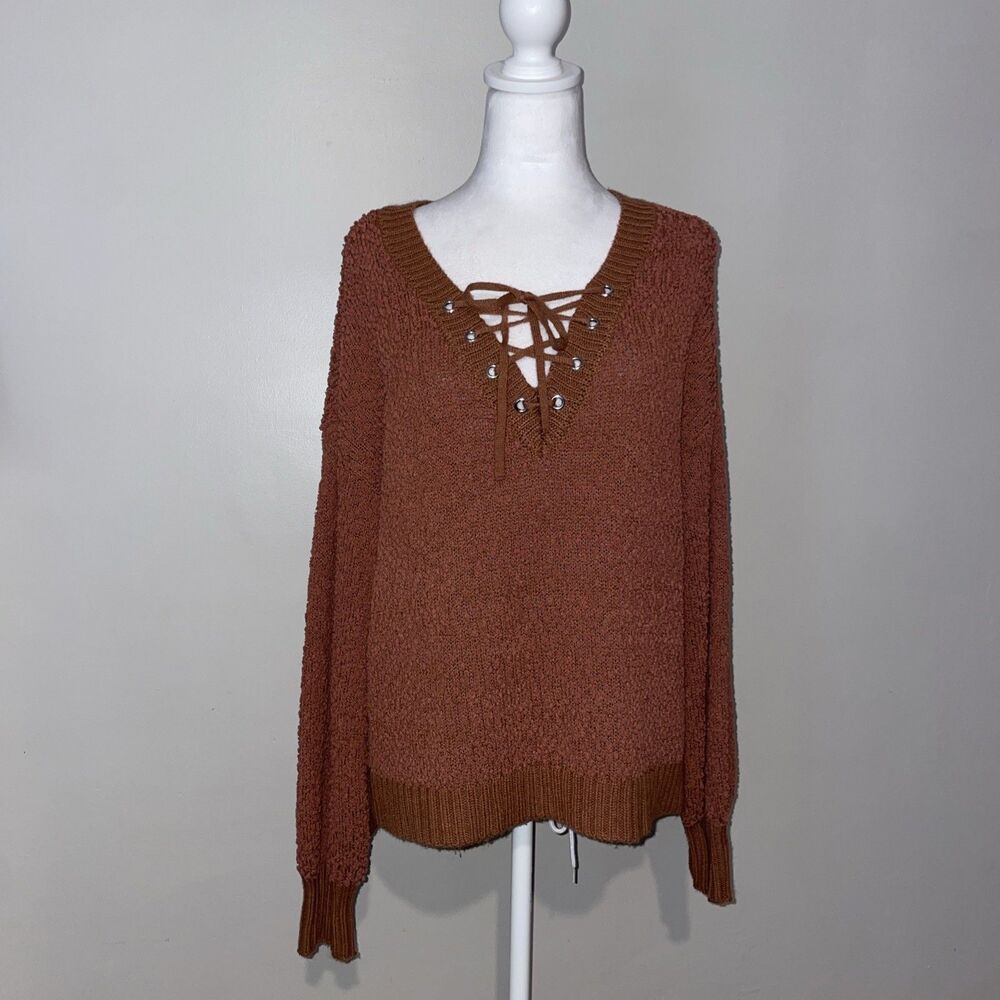 Rue 21 Lace Up Sweater Womens L Rust Copper Popcorn Knit Pullover Boho Y2K